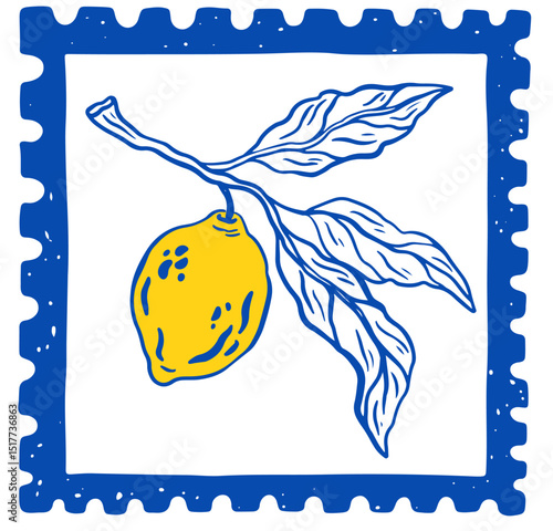 Vintage Lemon branch line postal stamp vector illustration. Hand drawn retro frame or border element design, elegant scenes or Sicilia or Amalfi. Travel postcard stamp, summer engraving