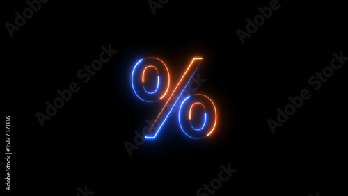 Glowing neon percent icon illustration, on black background.
