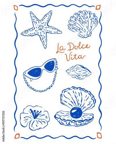 Summer Italy la dolce vita vintage posters. Amalfi or Sicily of postage stamps with image of Italian Mediterranean with beach decor. Retro frame border. Vector illustration ink doodle sketch style.