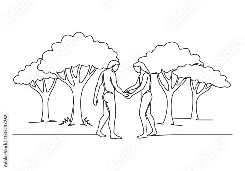 Adam and Eve in the garden of eden continuous line drawing illus