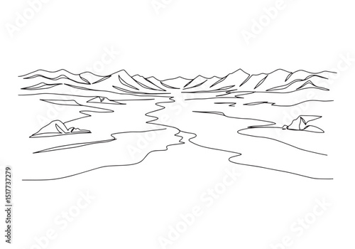 Serene wilderness escape, a minimalist oneline drawing of Ju in'