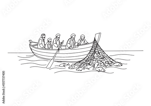 The miraculous catch of fish, a new testament scene in oneline a