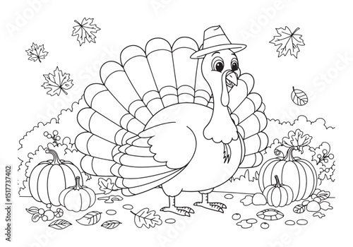 Festive thanksgiving turkey coloring page with hat and pumpkins