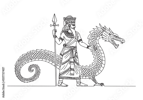 Mesopotamian god Marduk with Mushussu dragon continuous line dra