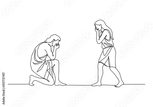 Continuous Line Drawing of Adam and Eve Confronting Sin and Sorr
