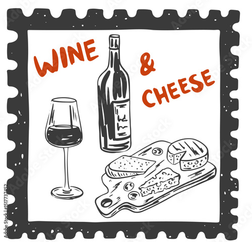 Summer Italy la dolce vita vintage posters. Amalfi or Sicily of postage stamps of Italian Mediterranean with wine and cheese. Retro frame border. Vector illustration ink doodle sketch style