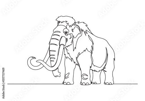 Elegant Woolly Mammoth Continuous Line Drawing in Black and Whit