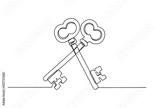 Elegant continuous line drawing of crossed antique keys illustra