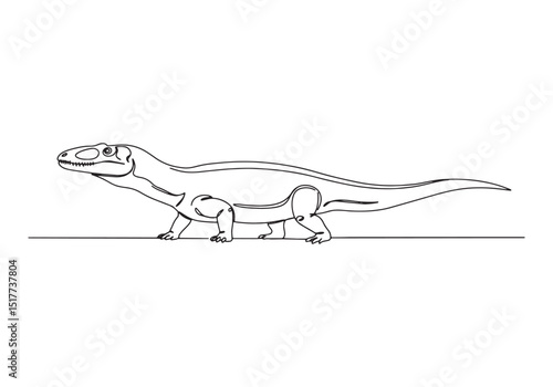 Elegant one-line drawing of a Koolasuchus amphibian in monochrom