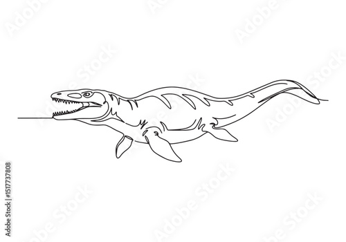 Mosasaurus Continuous Line Art, Prehistoric Marine Reptile Illus