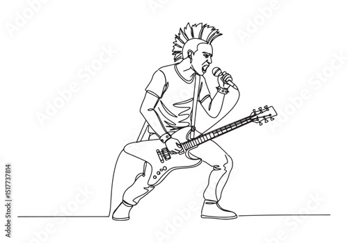 Continuous Line Drawing of a Male Punk Musician Rocking on Stage