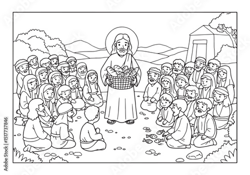 Illustration of Jesus feeding the multitude with bread and fish