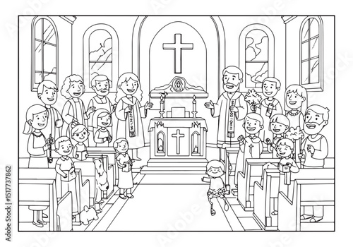 Illustration of a church scene with people reciting the apostle'