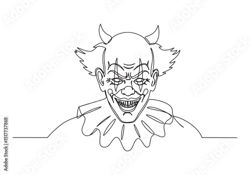 Eerie Demonic Clown Portrait in Continuous Line Art Illustration