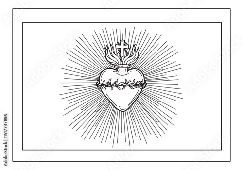 Sacred Heart with Divine Radiance in Black and White Coloring Bo