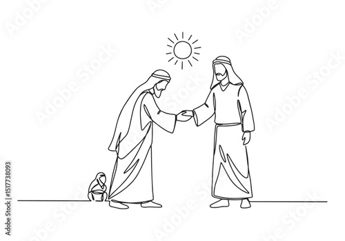 Continuous line drawing of two Arab businessmen shaking hands ag
