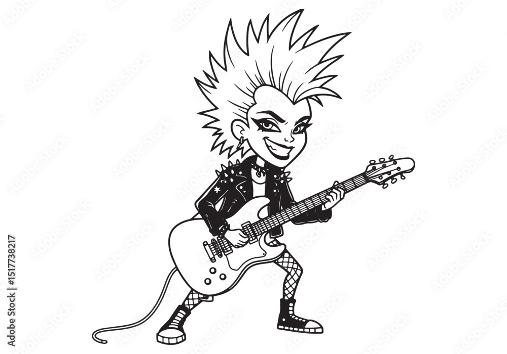 Fototapeta premium Energetic Female Pop Punk Guitarist Illustration in Black and Wh