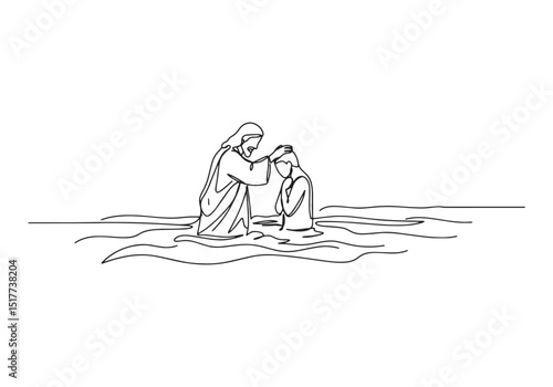 Continuous Line Illustration of Jesus Christ Baptizing a Man in