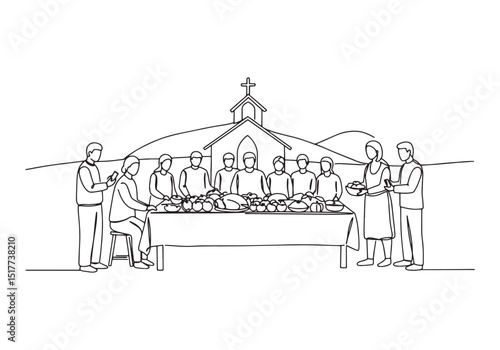 Continuous line drawing of harvest festival celebration with fam