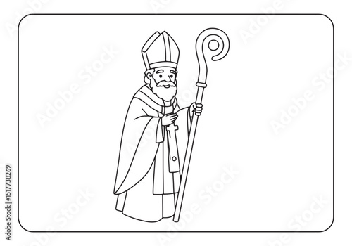A black and white coloring book illustration of a bishop holding