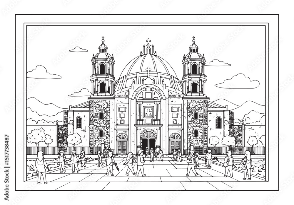 Fototapeta premium Illustrative coloring page showcasing a basilica visit in black