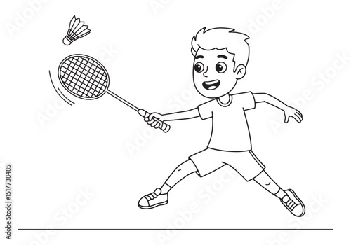 A cheerful boy plays badminton in a black and white coloring boo