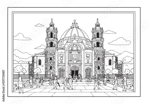 Illustrative coloring page showcasing a basilica visit in black