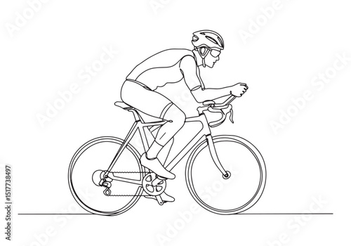 One line drawing illustration of cyclist riding a bicycle in mot