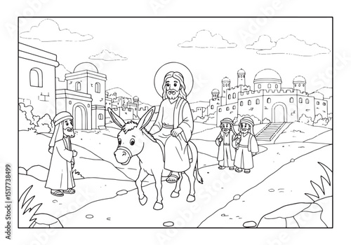 Coloring page depicting Jesus riding a donkey into Jerusalem ill
