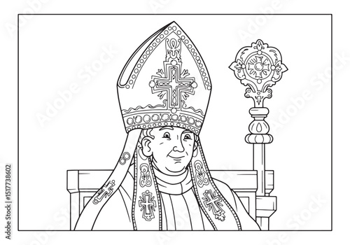Detailed Line Art of a Bishop with Mitre for Coloring Book Pages