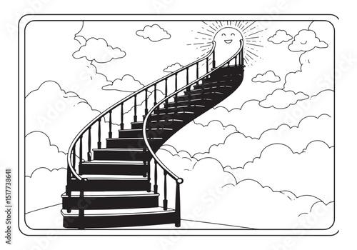 Whimsical stairway to heaven in coloring book style illustration