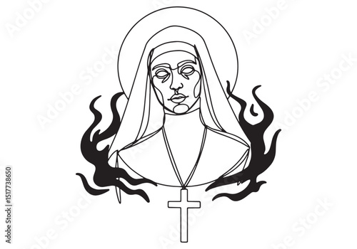 Eerie Demonic Nun Illustration, A Haunting Black and White Conti