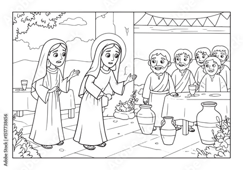 Detailed black and white coloring page depicting Mary at the Wed