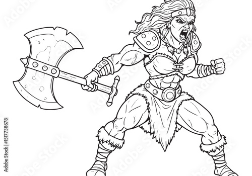 Fierce Female Barbarian Ready for Battle in Coloring Book Style