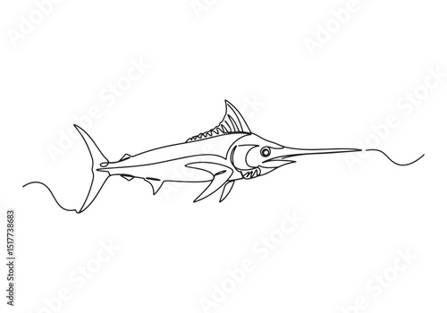 Elegant swordfish in a continuous line drawing style on white ba