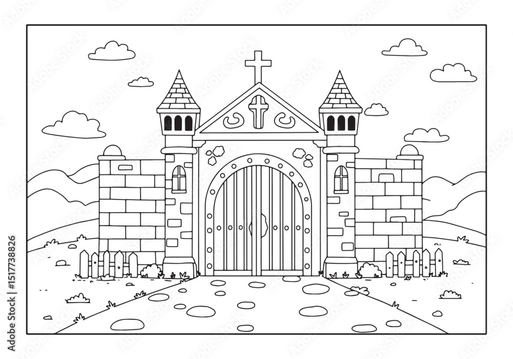 Obraz premium Intricate Castle Gate Coloring Page, A Medieval Fantasy Illustra