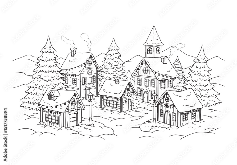 Obraz premium Charming Winter Village Coloring Page, Snow Covered Houses and T