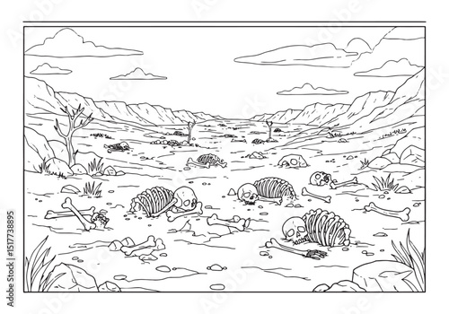 Coloring Book Illustration of Arid Valley with Skeleton Remains