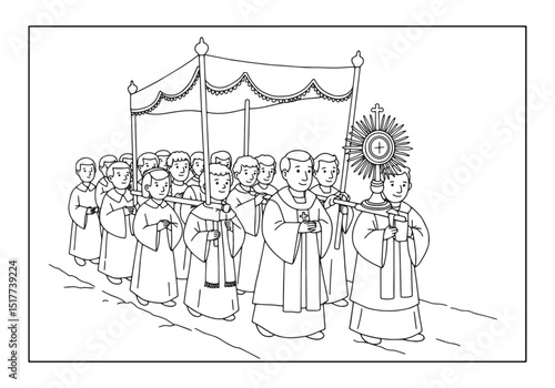 Detailed Line Art Illustration of a Religious Procession for Col