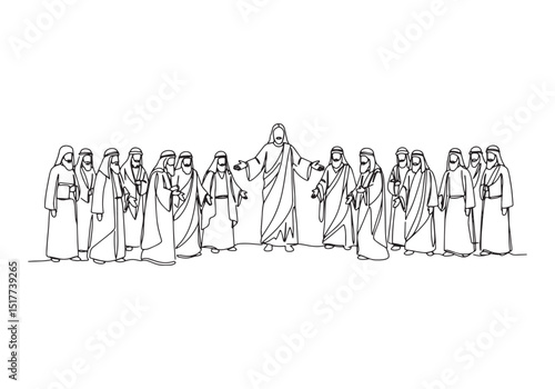 Continuous line drawing of Jesus Christ and his apostles monochr