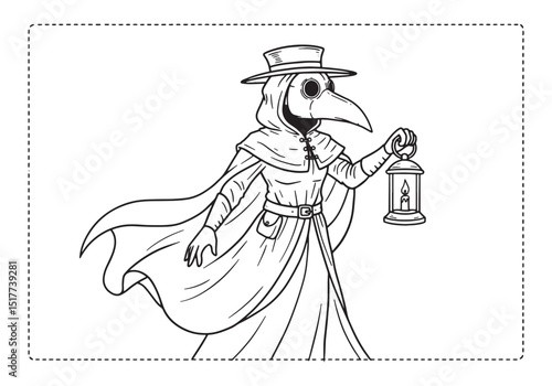 Detailed Coloring Page of a Female Plague Doctor with a Lantern