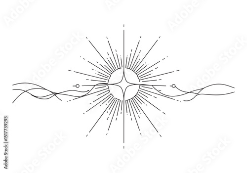 Spiritual Starburst with Flowing Lines, Minimalist Black and Whi