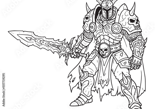 Intricate coloring page depicting a formidable armored death kni
