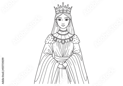 Elegant queen with crown in black and white outline drawing styl