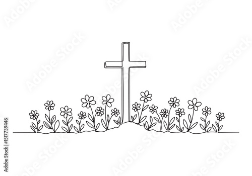Minimalist Christian Cross with Flowers in Continuous Line Art S