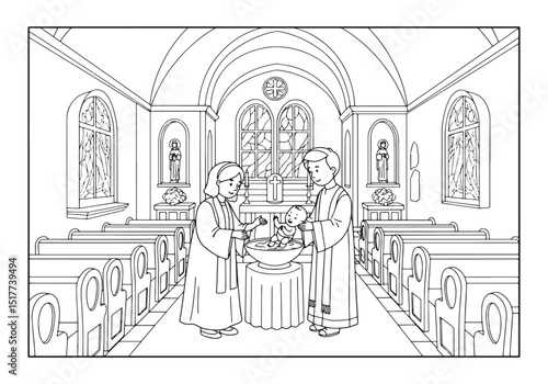 Illustrative coloring page depicting a Christian infant baptism