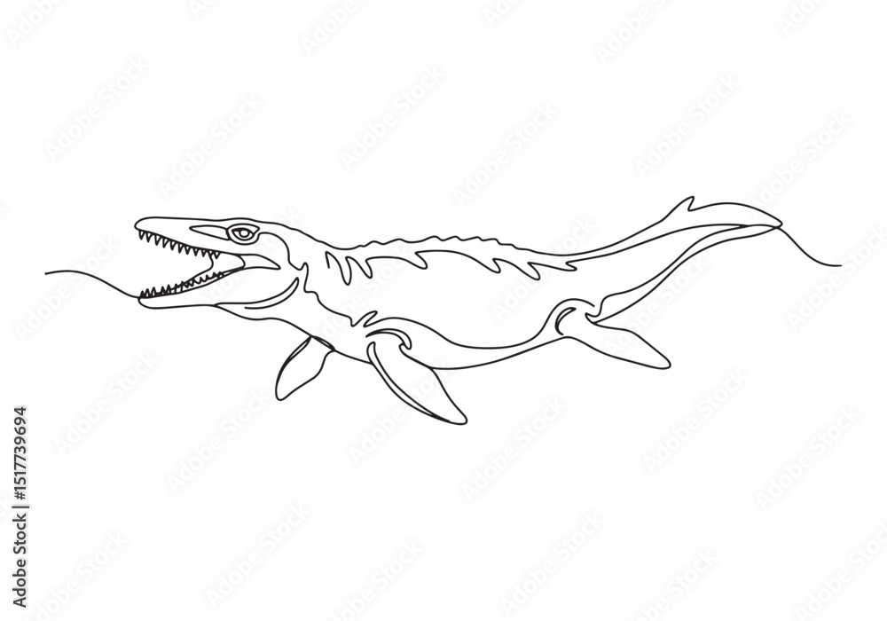Fototapeta premium Mosasaurus aquatic predator with continuous line drawing illustr