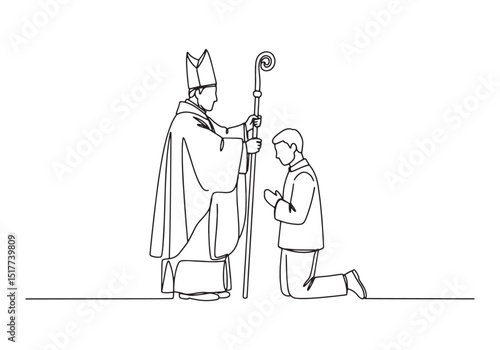 Continuous Line Illustration of Confirmation Ceremony with Bisho