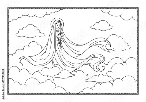 Detailed coloring page featuring the Virgin Mary in flowing robe