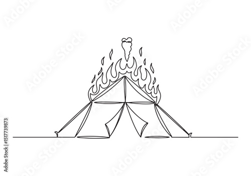 Burning Tent of Meeting, Continuous Line Art Illustration in Bla